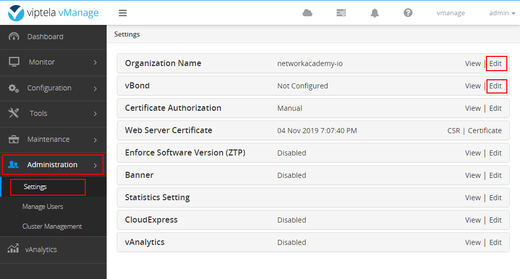 vManage GUI Initial Config